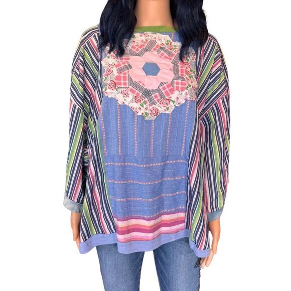 Upcycled Square Patchwork Quilt Boho Tunic Top Size Large XXL - Picture 2 of 5